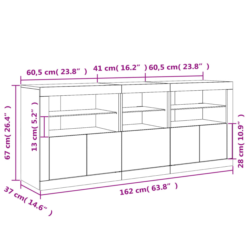 Komoda s LED svjetlima siva boja betona 162 x 37 x 67 cm
