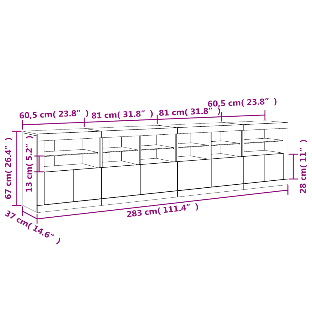 Komoda s LED svjetlima bijela 283x37x67 cm