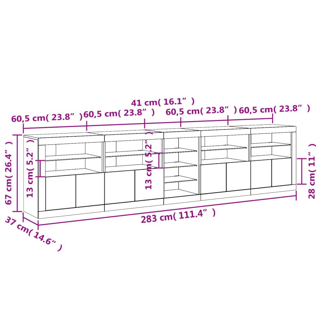 Komoda s LED svjetlima bijela 283x37x67 cm