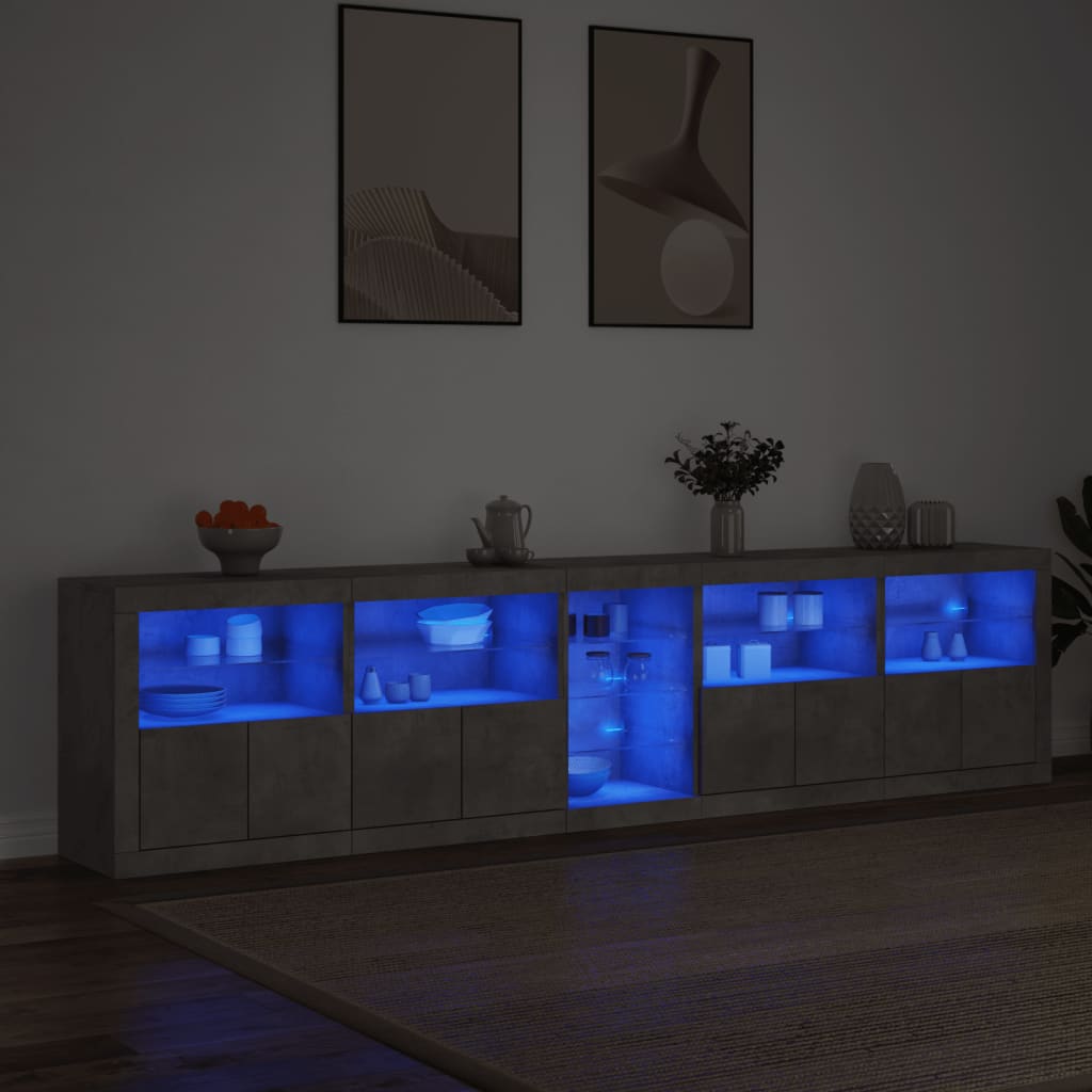 Komoda s LED svjetlima siva boja betona 283x37x67 cm
