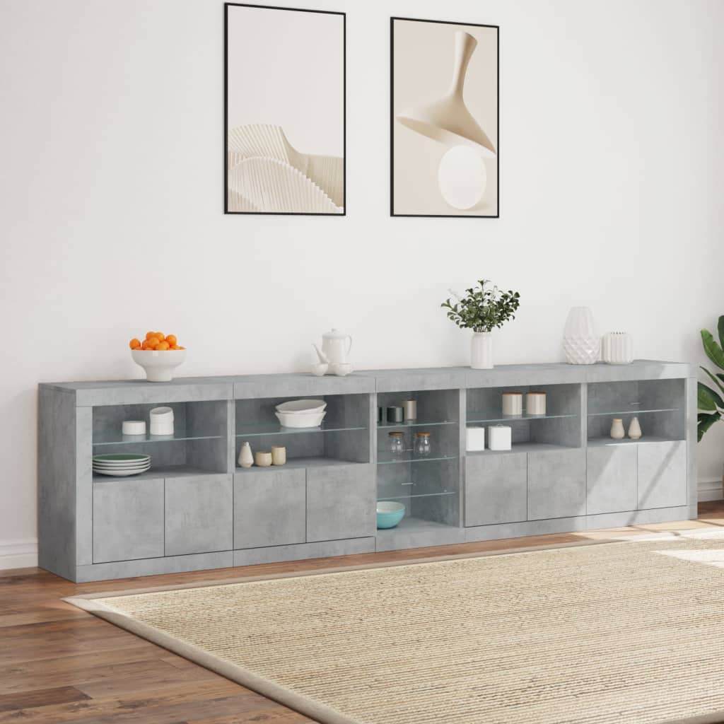 Komoda s LED svjetlima siva boja betona 283x37x67 cm