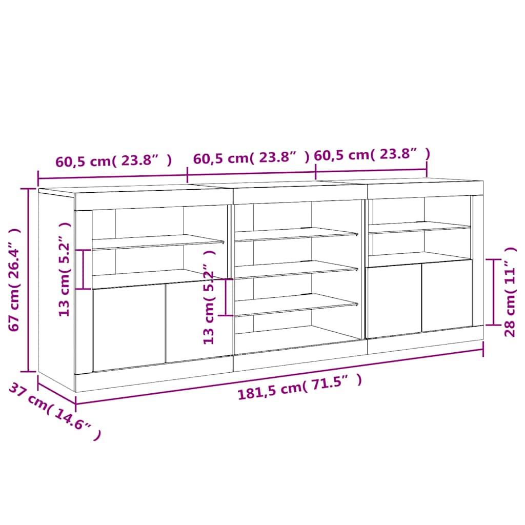 Komoda s LED svjetlima bijela 181,5x37x67 cm