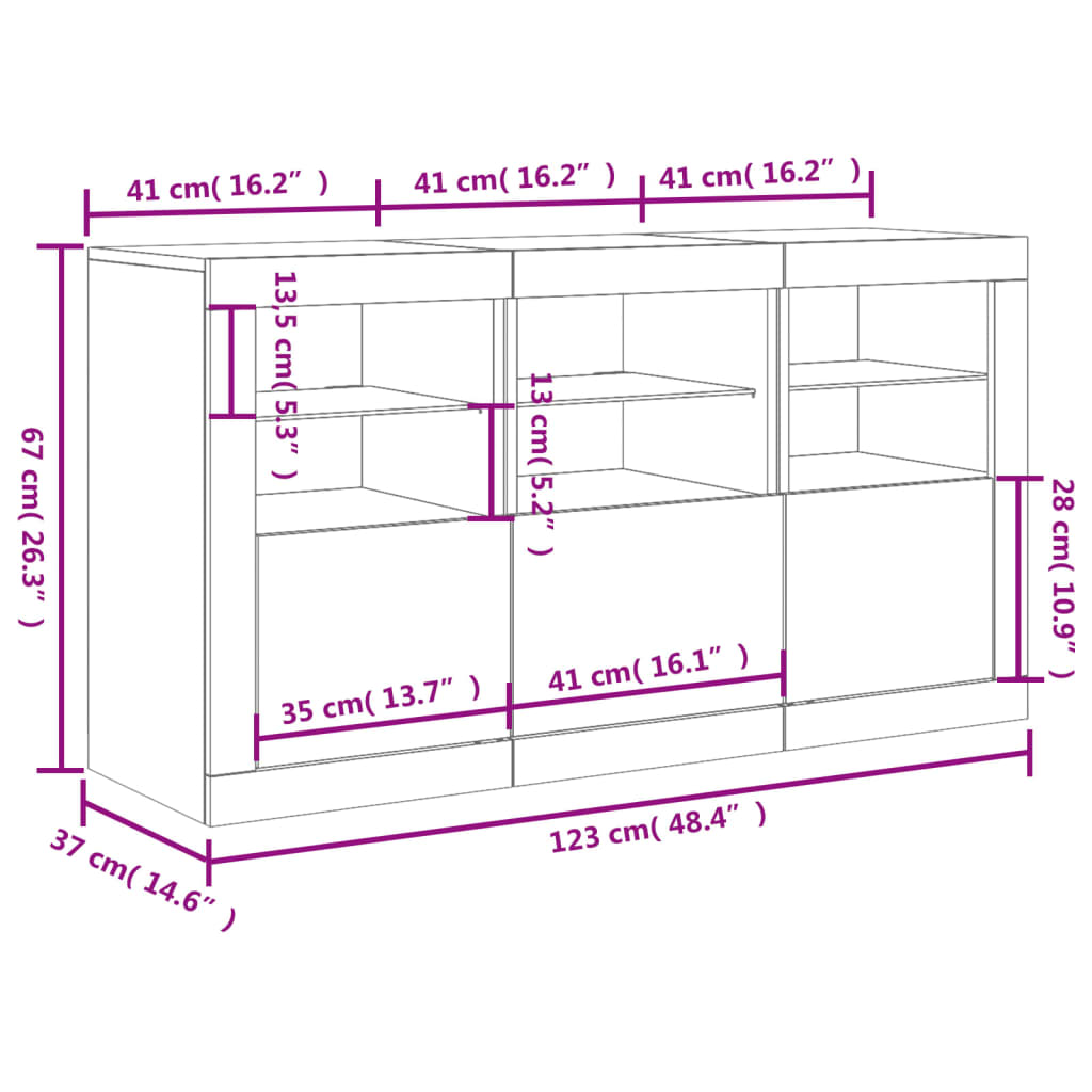 Komoda s LED svjetlima siva boja betona 123x37x67 cm