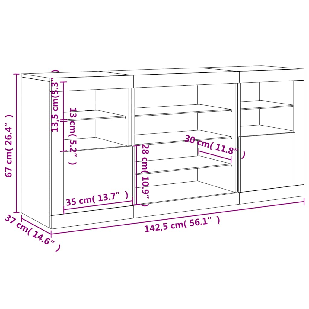 Komoda s LED svjetlima bijela 142,5 x 37 x 67 cm