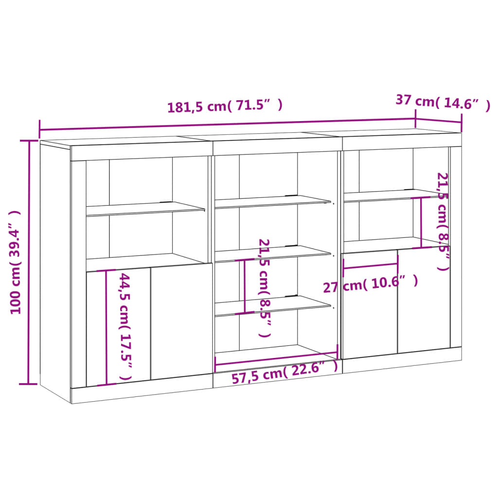 Komoda s LED svjetlima bijela 181,5x37x100 cm