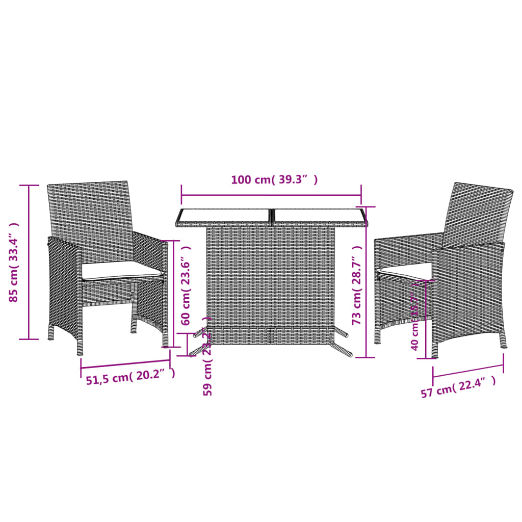 3-dijelni bistro set s jastucima crni od poliratana