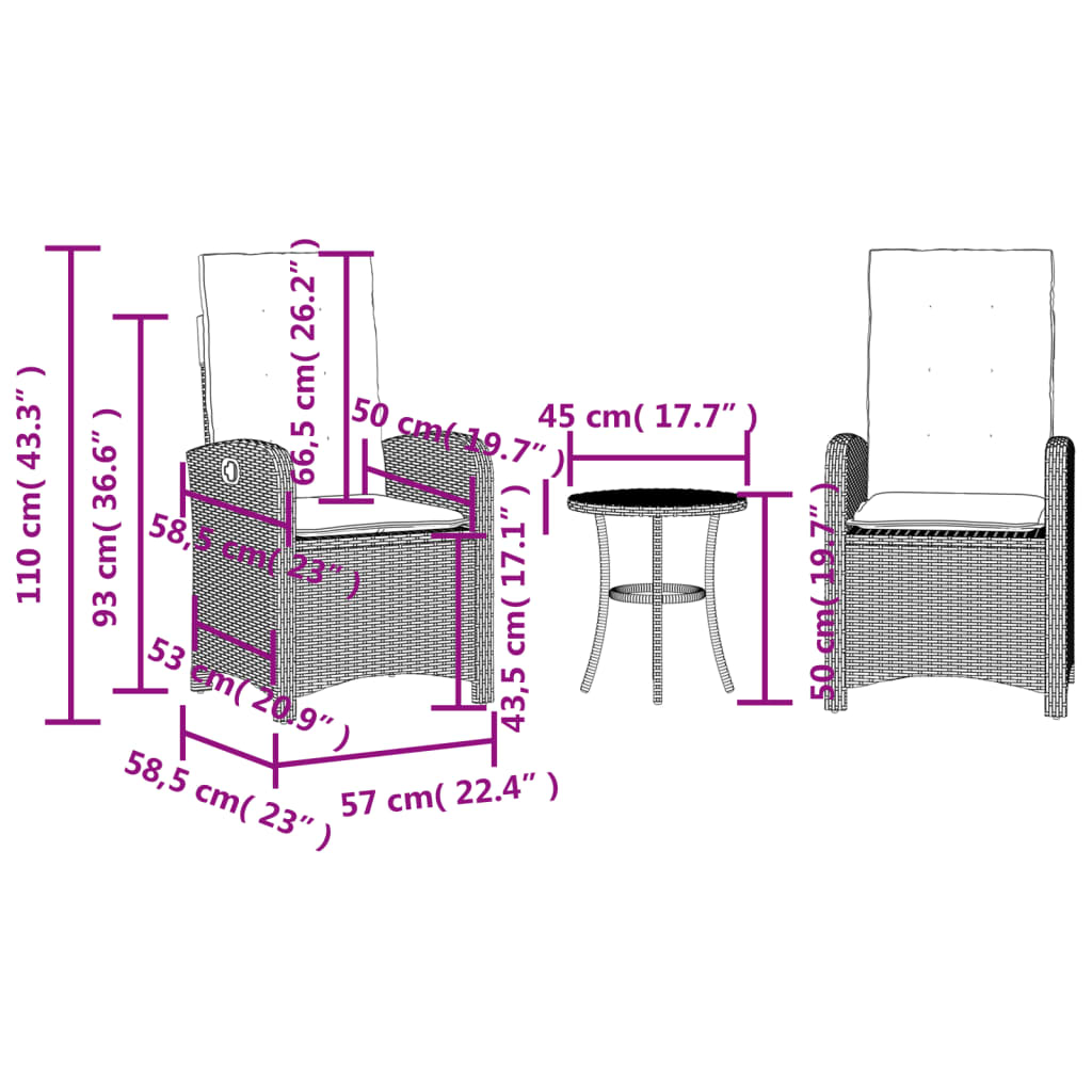 3-dijelni bistro set s jastucima crni od poliratana
