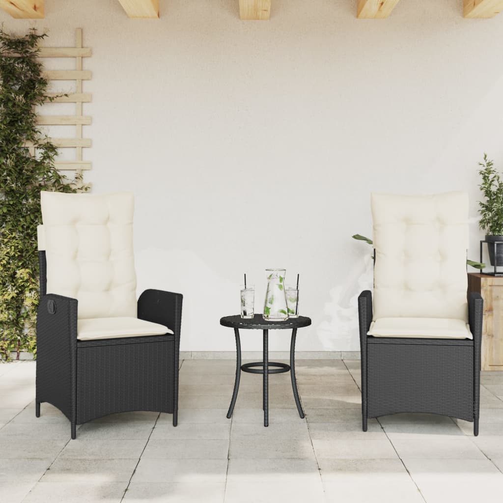 3-dijelni bistro set s jastucima crni od poliratana