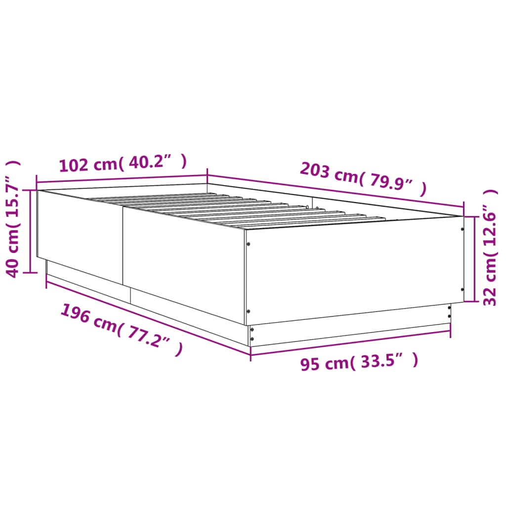 Okvir kreveta s LED svjetlima boja betona 100 x 200 cm drveni