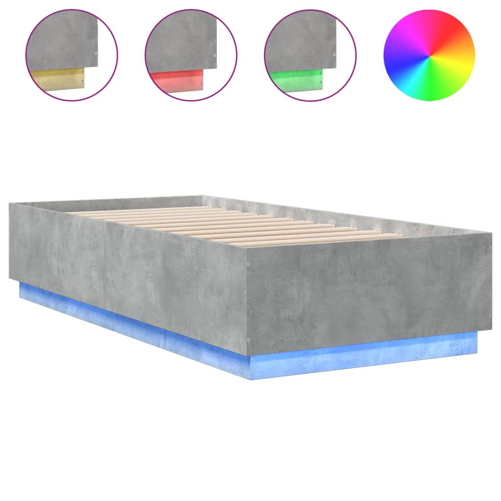 Okvir kreveta s LED svjetlima boja betona 90 x 200 cm drveni