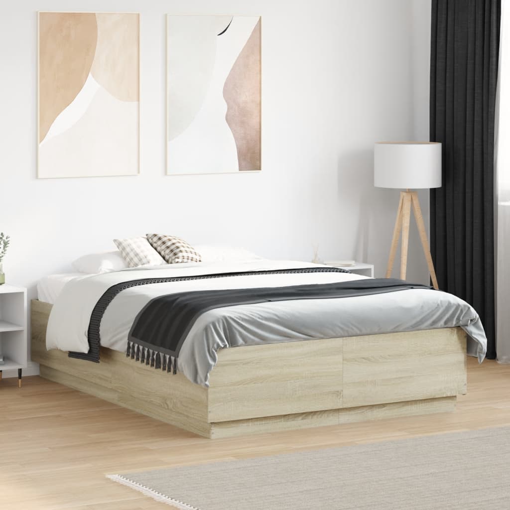 Okvir za krevet s LED svjetlima boja hrasta 140 x 190 cm drveni