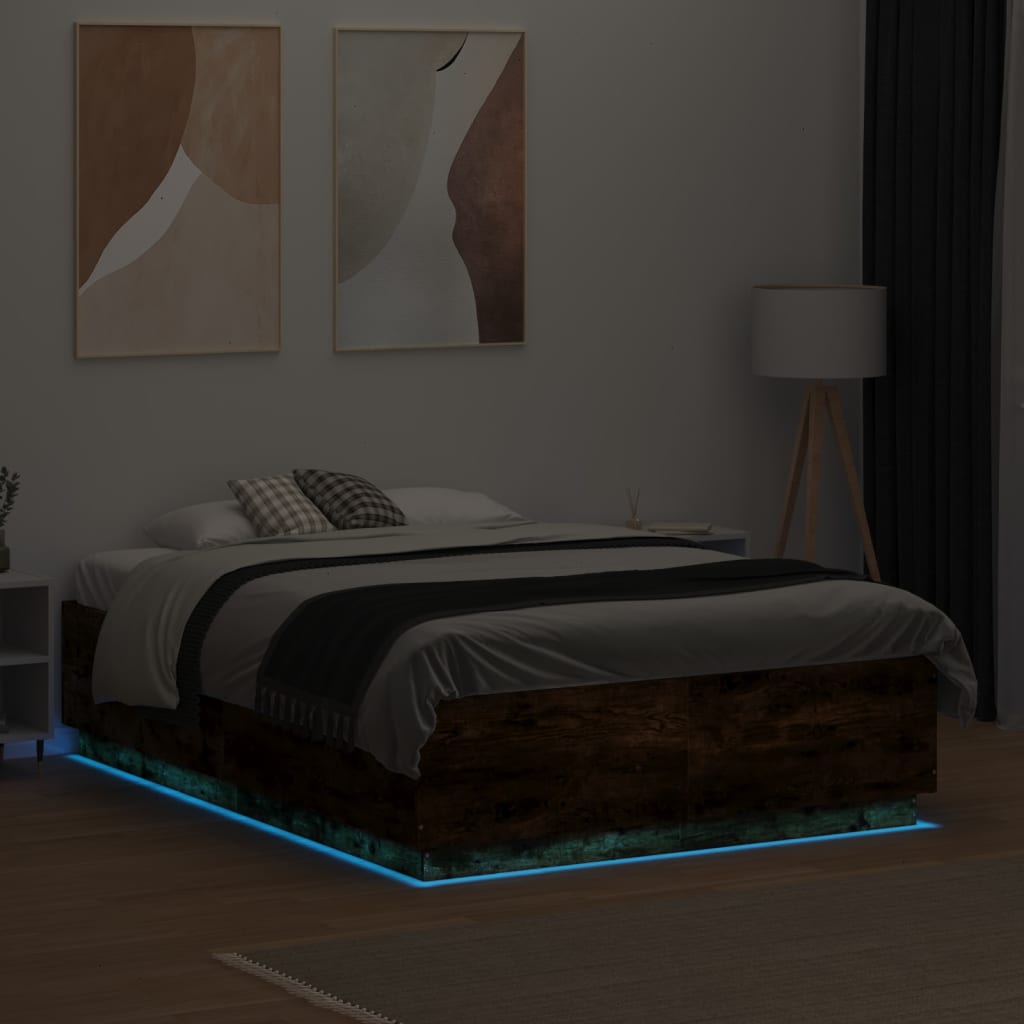 Okvir za krevet s LED svjetlima boja hrasta 135 x 190 cm drveni