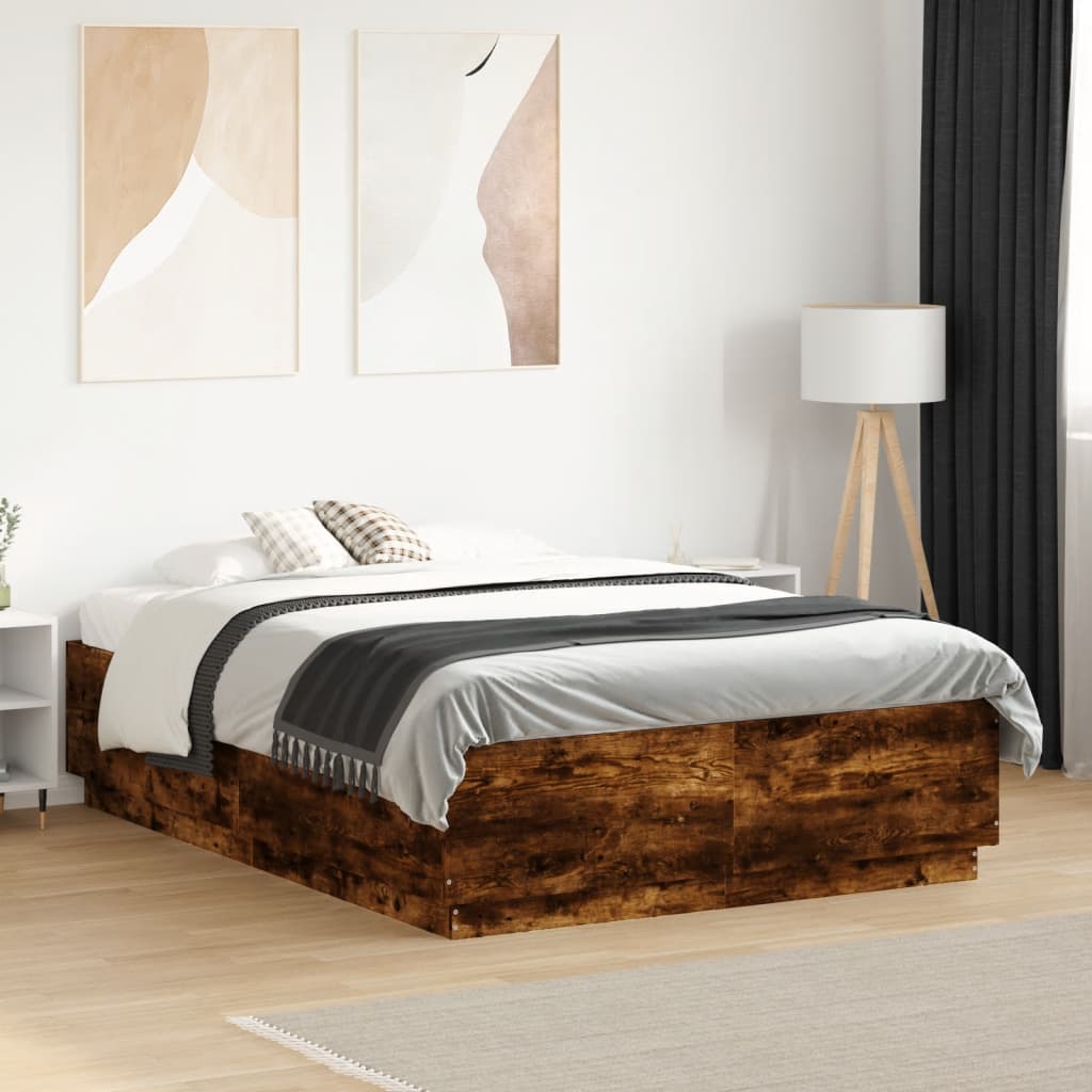 Okvir za krevet s LED svjetlima boja hrasta 135 x 190 cm drveni