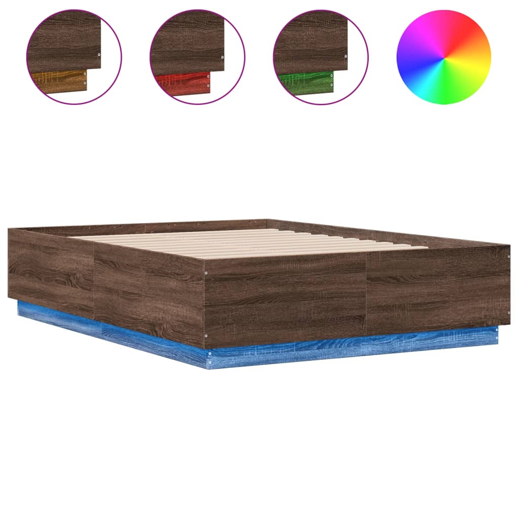 Okvir za krevet s LED svjetlima boja hrasta 135 x 190 cm drveni
