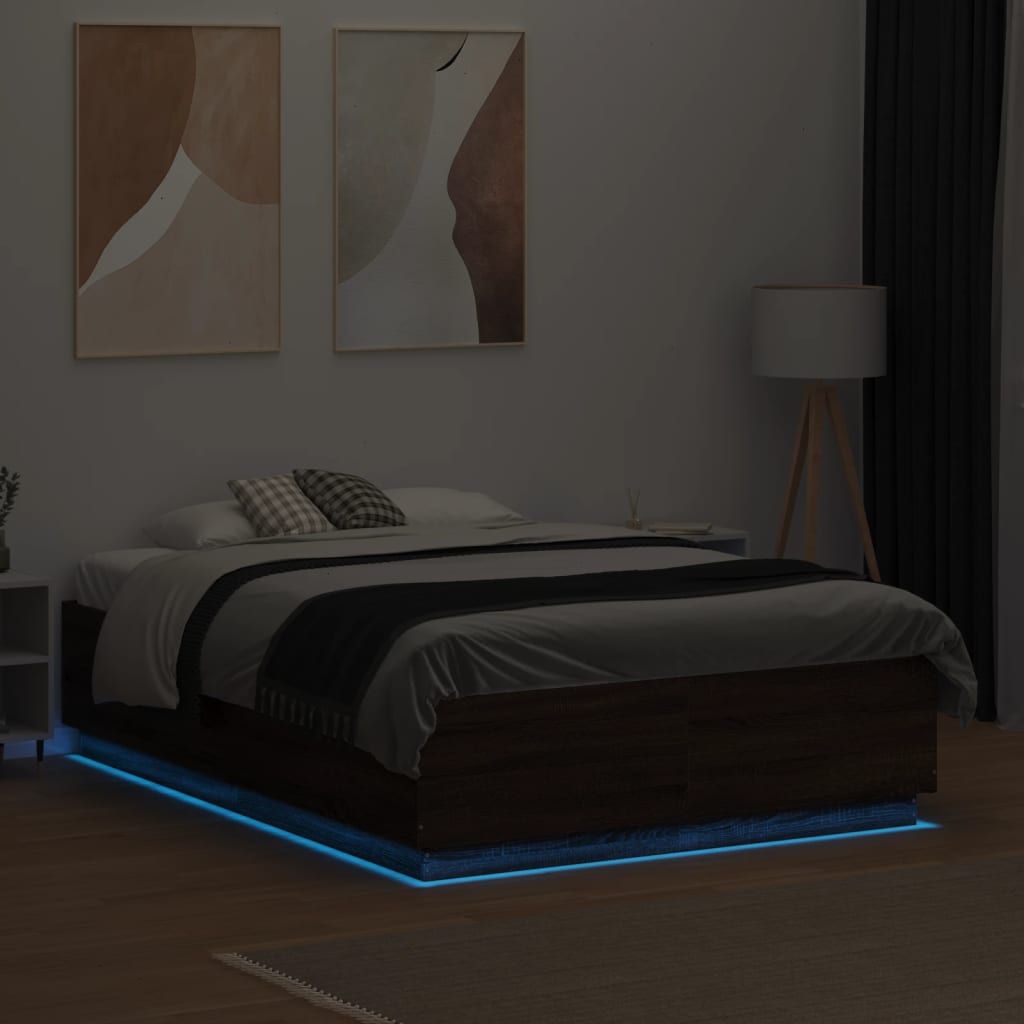 Okvir za krevet s LED svjetlima boja hrasta 135 x 190 cm drveni
