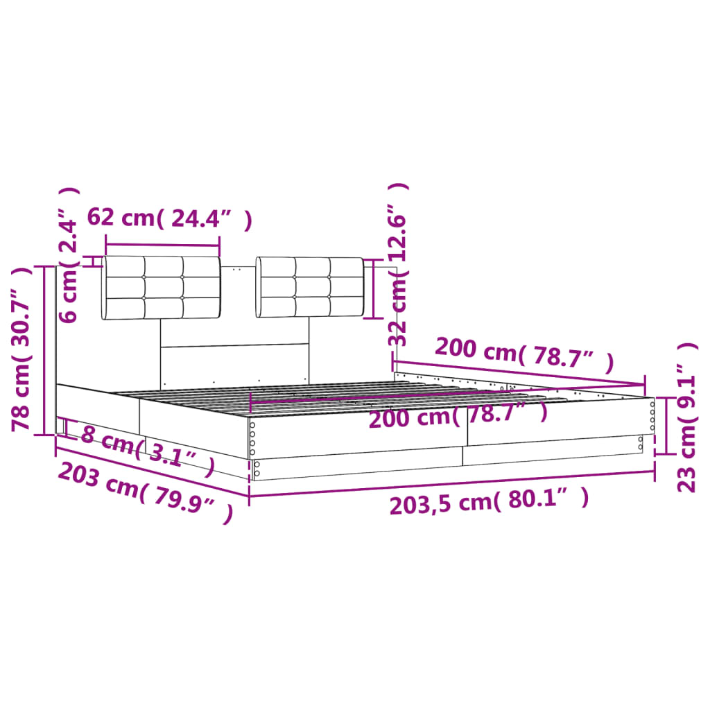 Okvir kreveta s uzglavljem LED boja dimljenog hrasta 200x200 cm