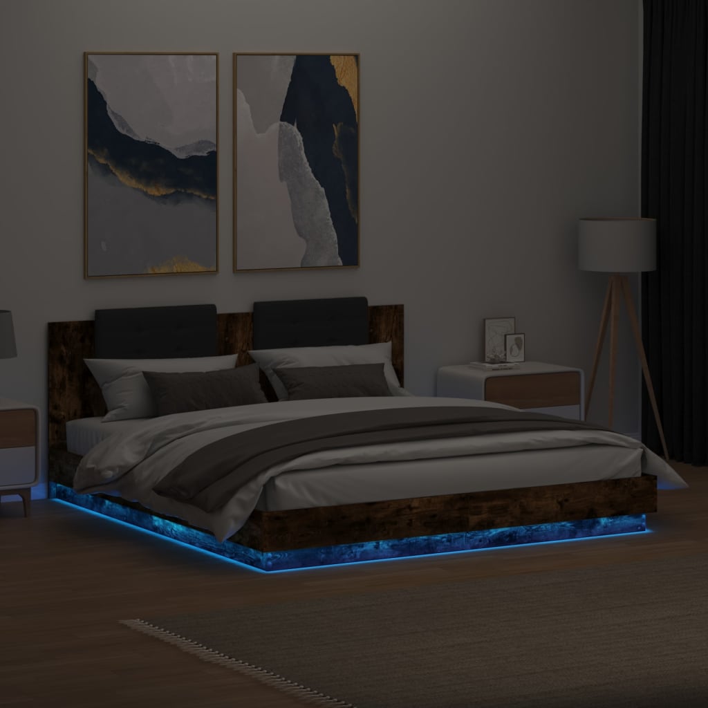 Okvir kreveta s uzglavljem LED boja dimljenog hrasta 200x200 cm