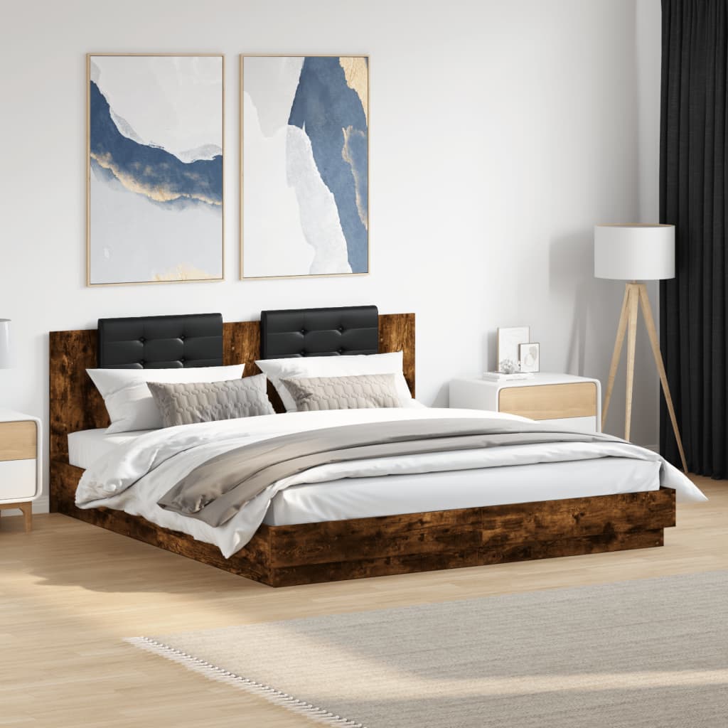 Okvir kreveta s uzglavljem LED boja dimljenog hrasta 200x200 cm