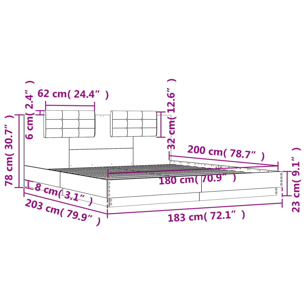 Okvir kreveta s uzglavljem LED siva boja betona 180 x 200 cm