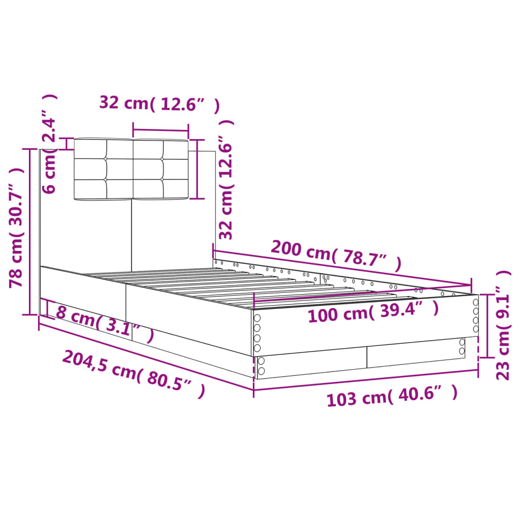 Okvir za krevet s uzglavljem i LED svjetlima bijeli 100x200 cm