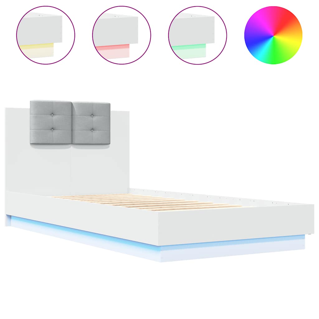 Okvir za krevet s uzglavljem i LED svjetlima bijeli 75x190 cm