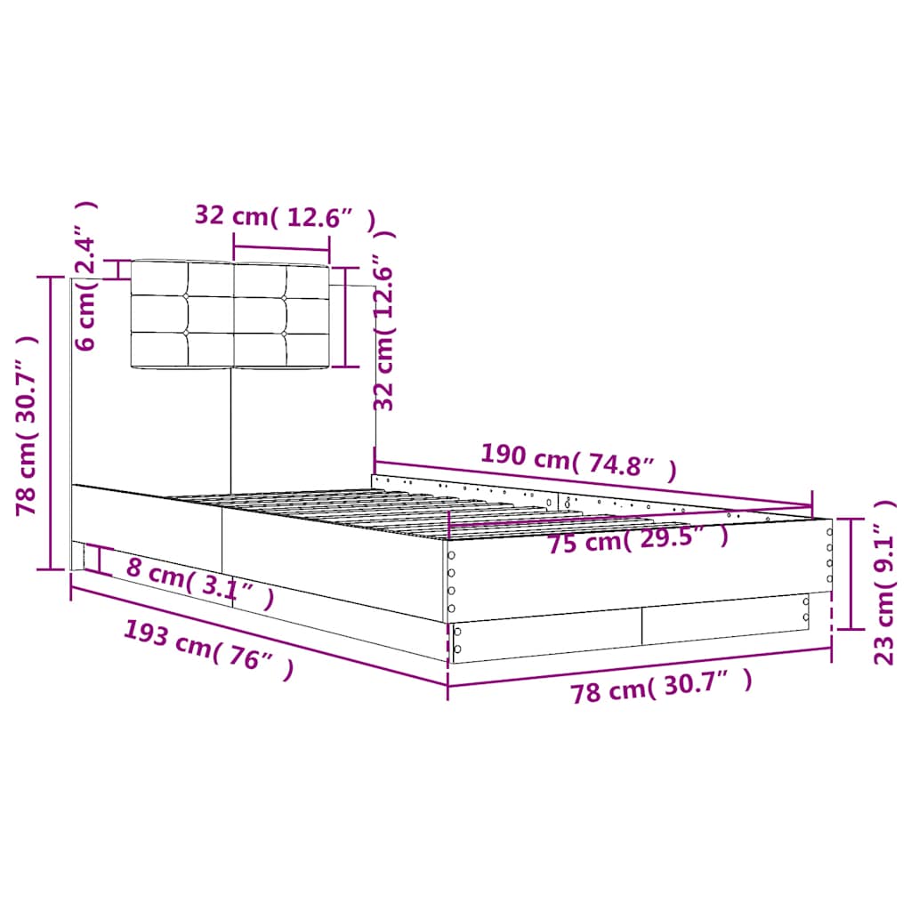 Okvir za krevet s uzglavljem i LED svjetlima bijeli 75x190 cm