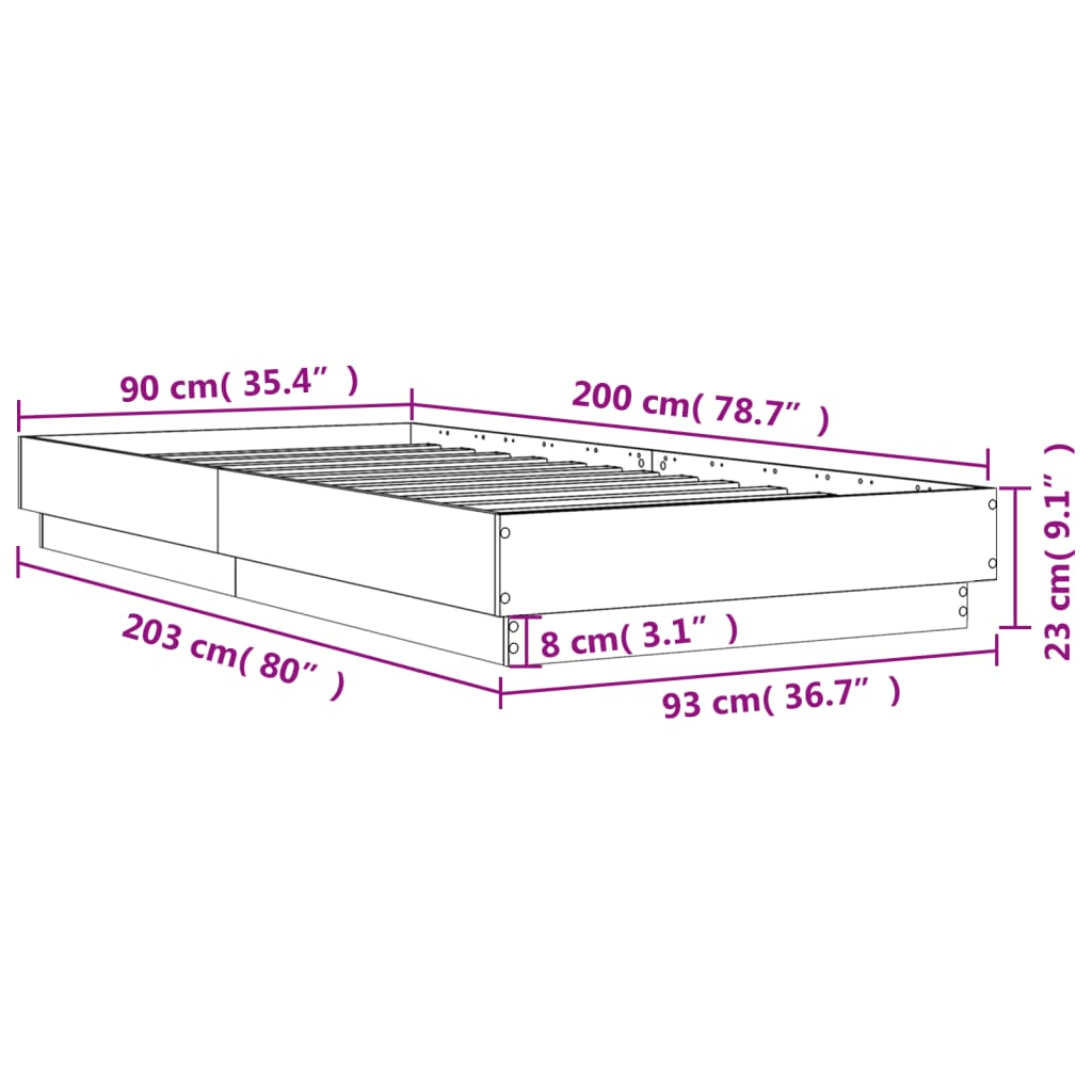Okvir za krevet s LED svjetlima siva boja hrasta 90 x 200 cm