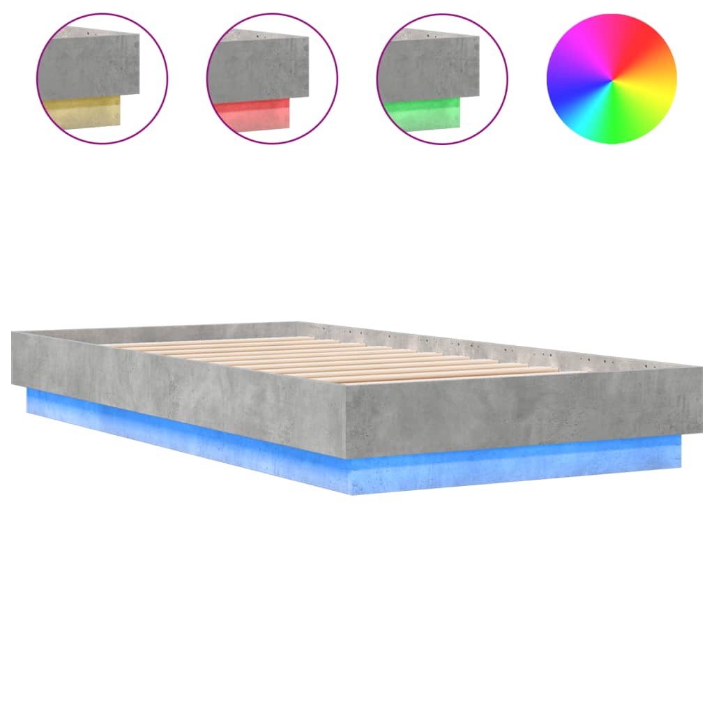 Okvir kreveta s LED svjetlima siva boja betona 75 x 190 cm