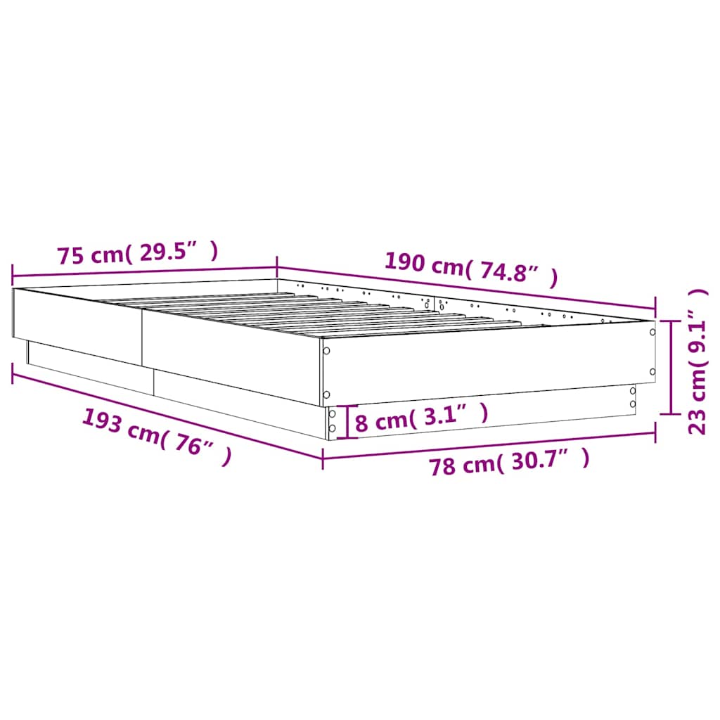 Okvir kreveta s LED svjetlima dimljena boja hrasta 75 x 190 cm