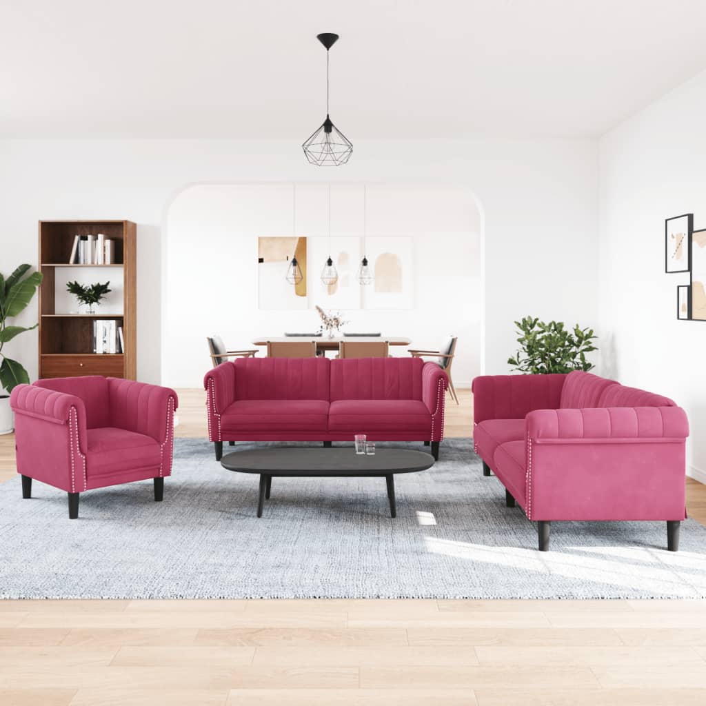 3-dijelni set sofa crvena boja vina baršunasti