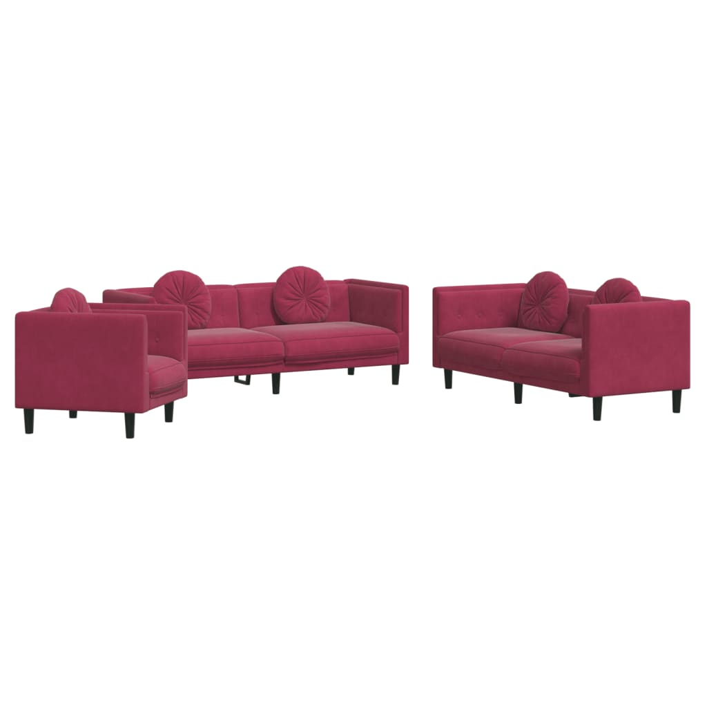 3-dijelni set sofa s jastucima crvena boja vina baršunasti