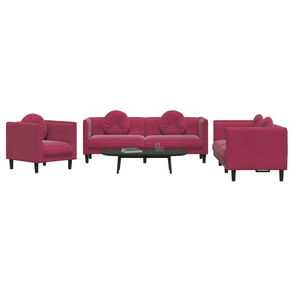 3-dijelni set sofa s jastucima crvena boja vina baršunasti