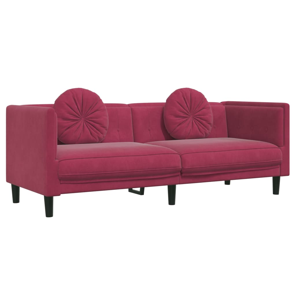 3-dijelni set sofa s jastucima crvena boja vina baršunasti
