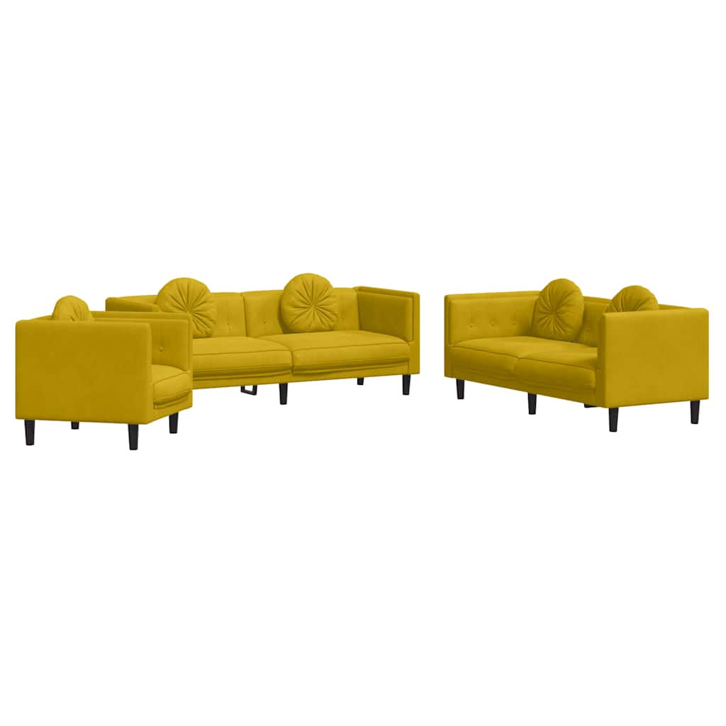 3-dijelni set sofa s jastucima žuti baršunasti