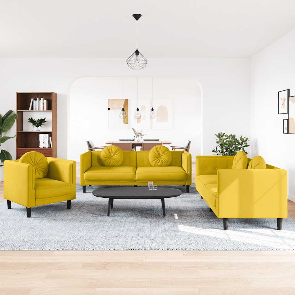 3-dijelni set sofa s jastucima žuti baršunasti