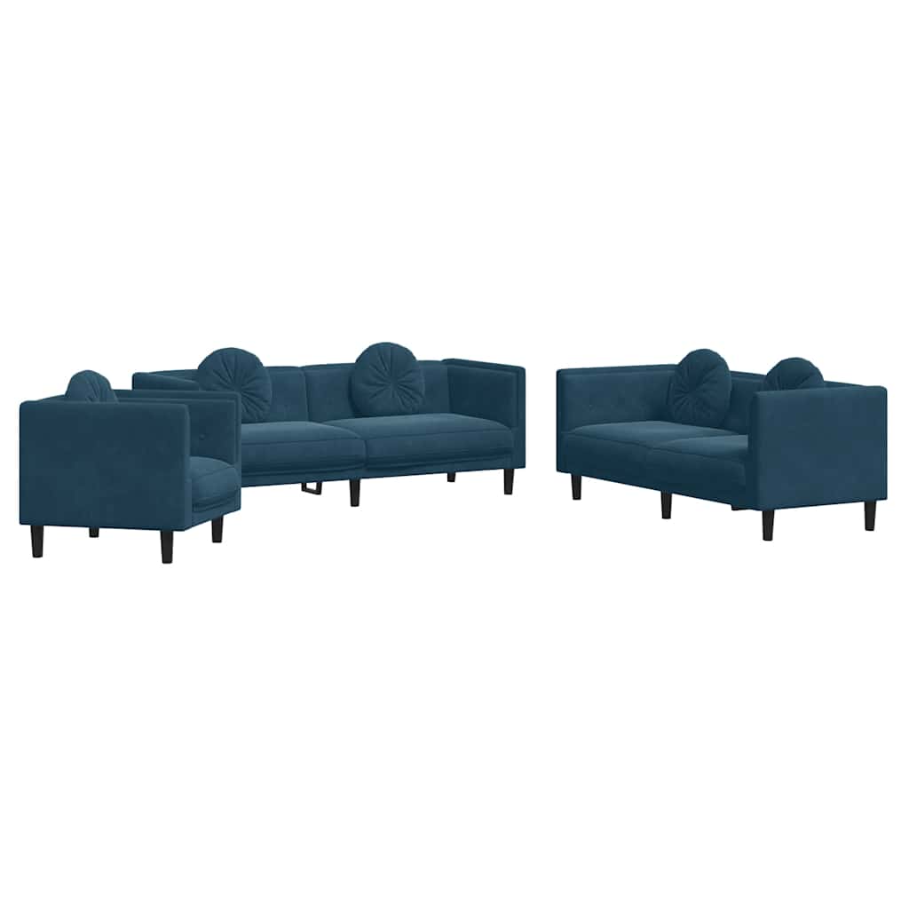 3-dijelni set sofa s jastucima plavi baršunasti