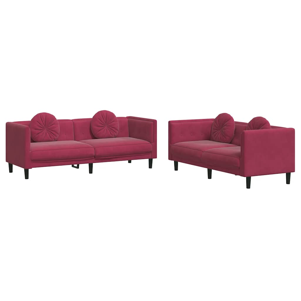2-dijelni set sofa s jastucima crvena boja vina baršunasti