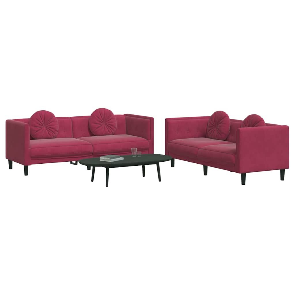 2-dijelni set sofa s jastucima crvena boja vina baršunasti