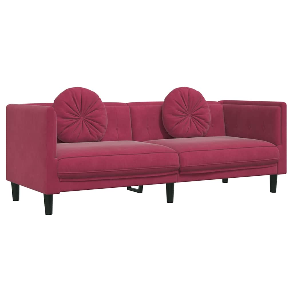 2-dijelni set sofa s jastucima crvena boja vina baršunasti