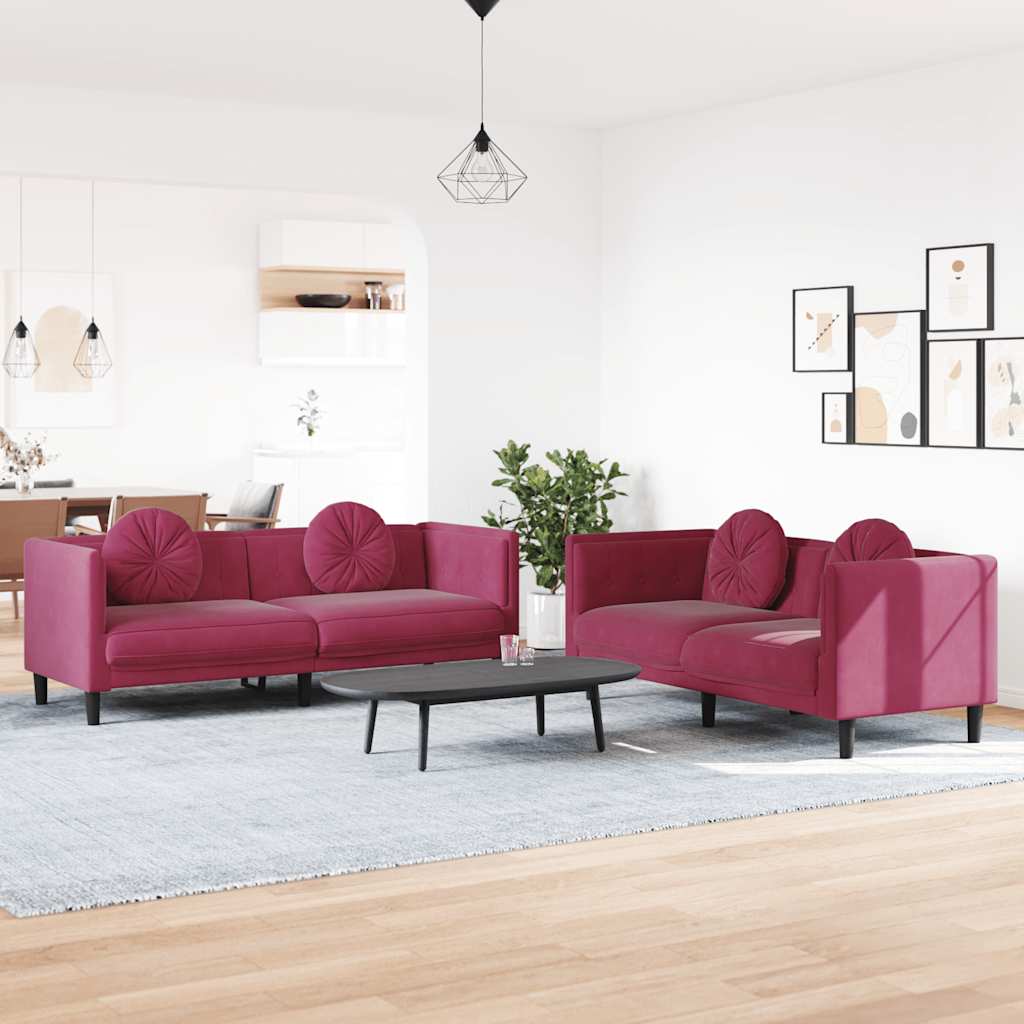 2-dijelni set sofa s jastucima crvena boja vina baršunasti