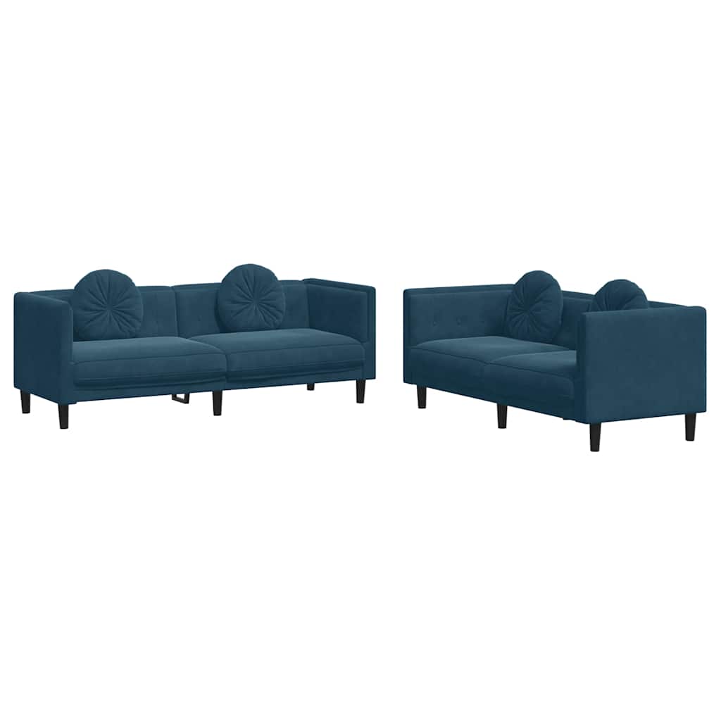 2-dijelni set sofa s jastucima plavi baršunasti