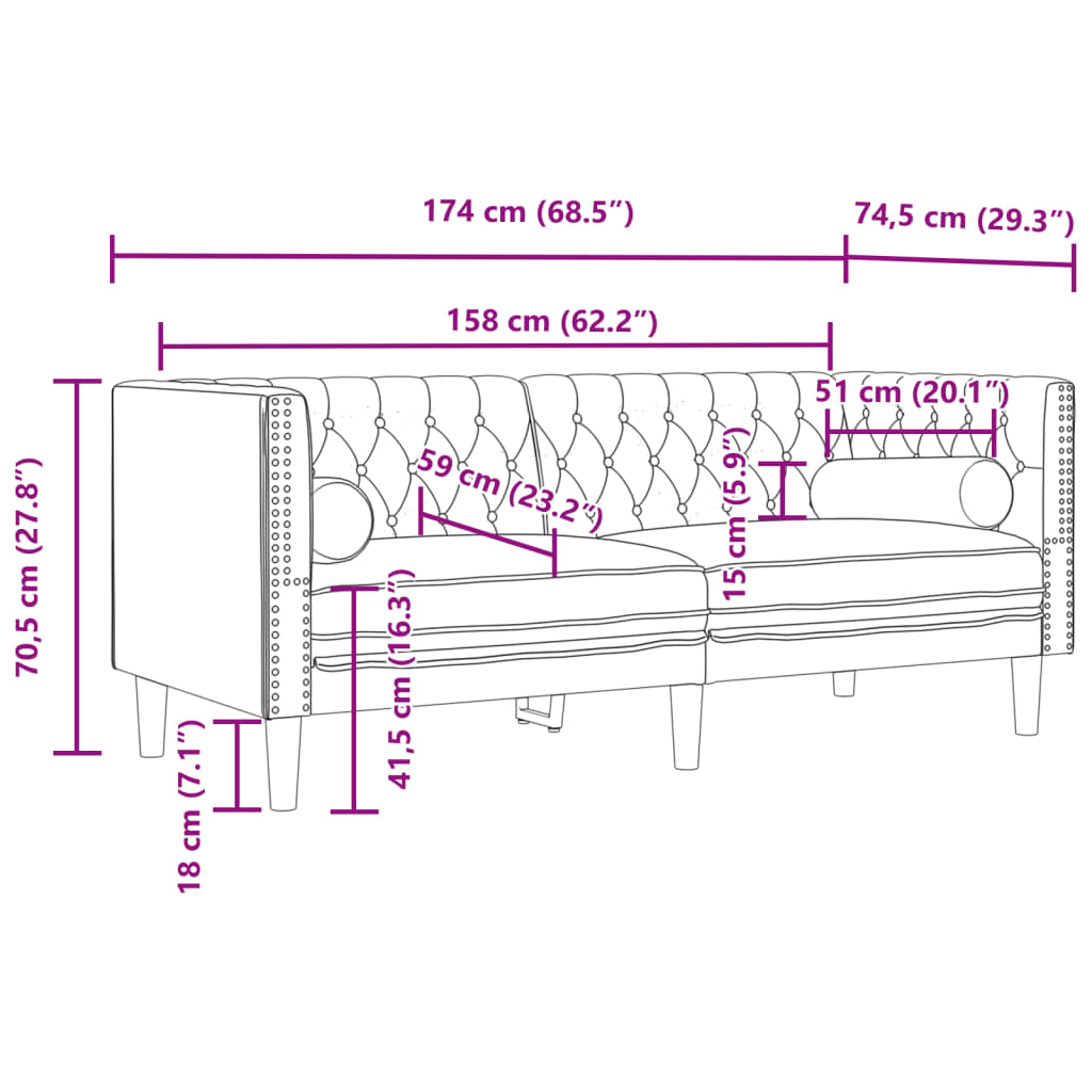 3-dijelni set sofa Chesterfield svjetlosivi baršunasti