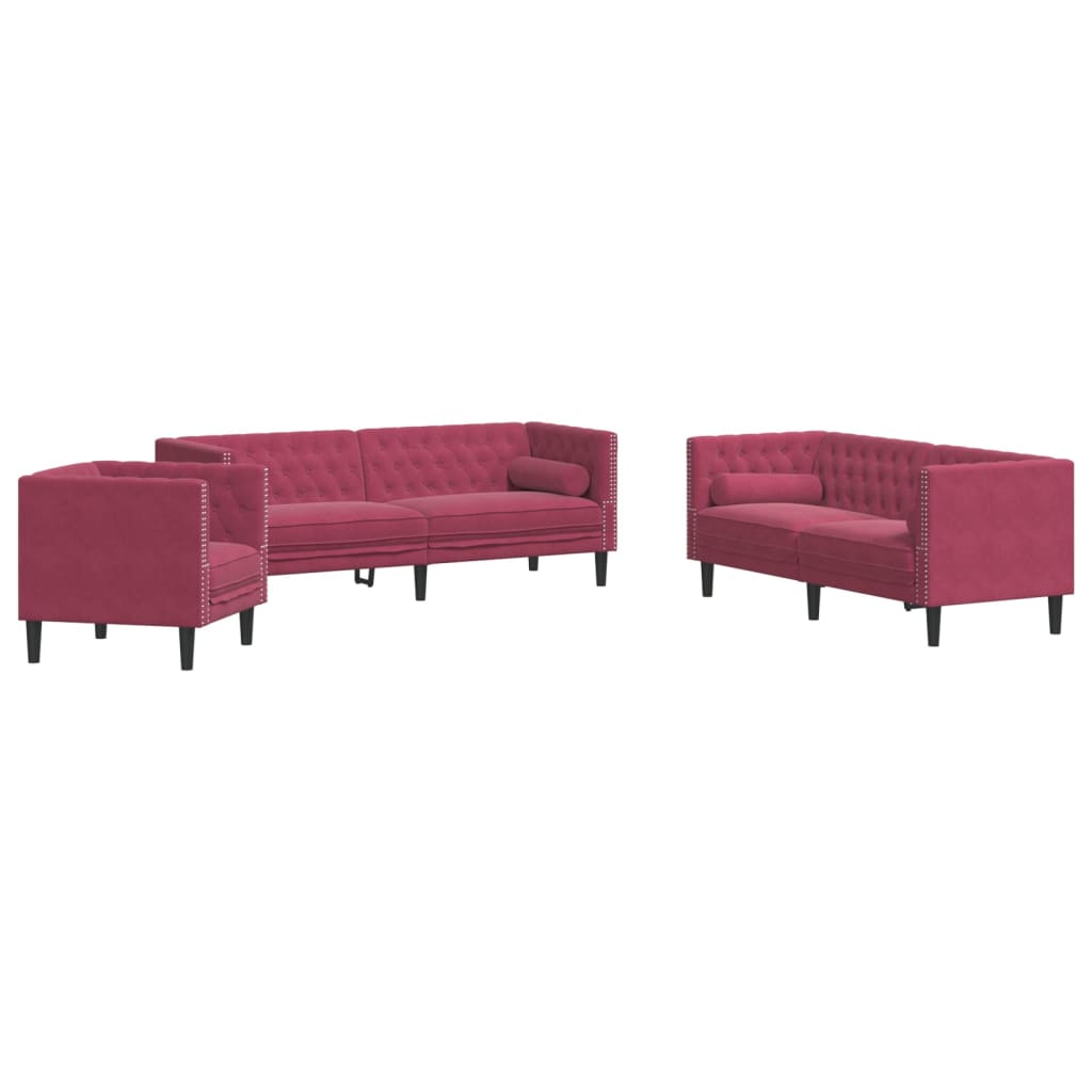3-dijelni set sofa Chesterfield crvena boja vina baršunasti