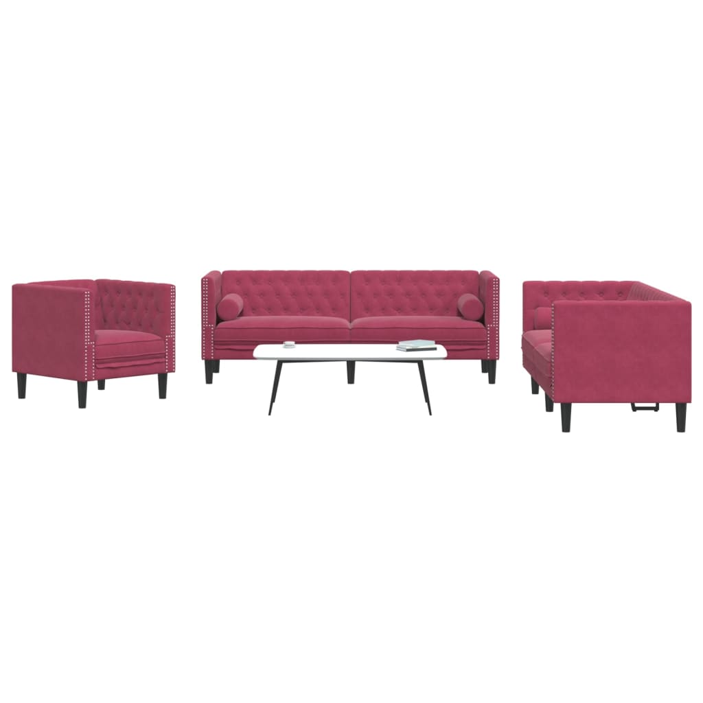 3-dijelni set sofa Chesterfield crvena boja vina baršunasti