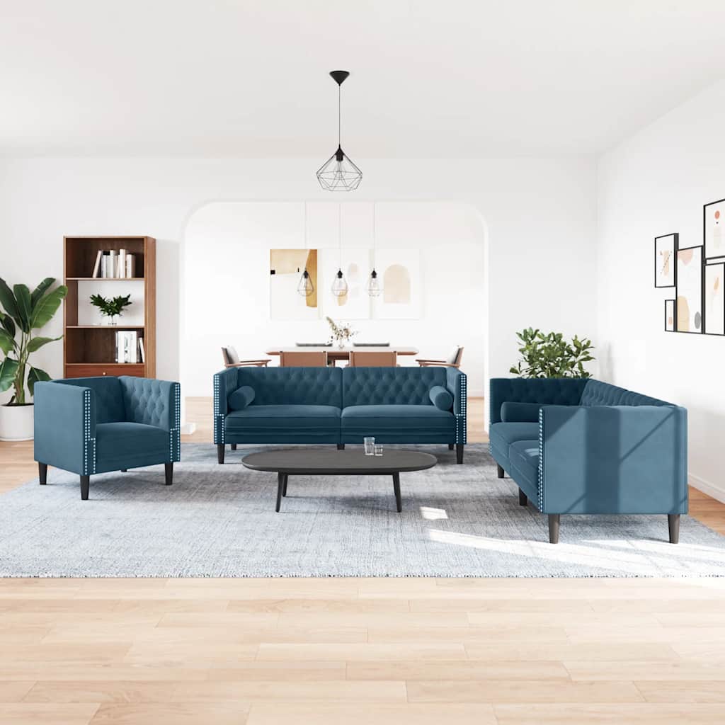 Chesterfield garnitura od 3 dijela s jastucima, plava baršunasta