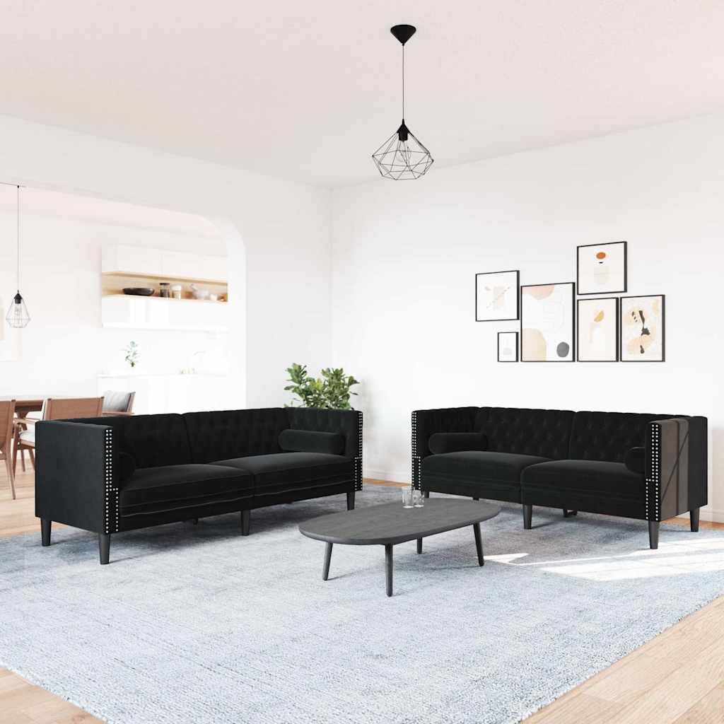 2-dijelni set sofa Chesterfield crni baršunasti