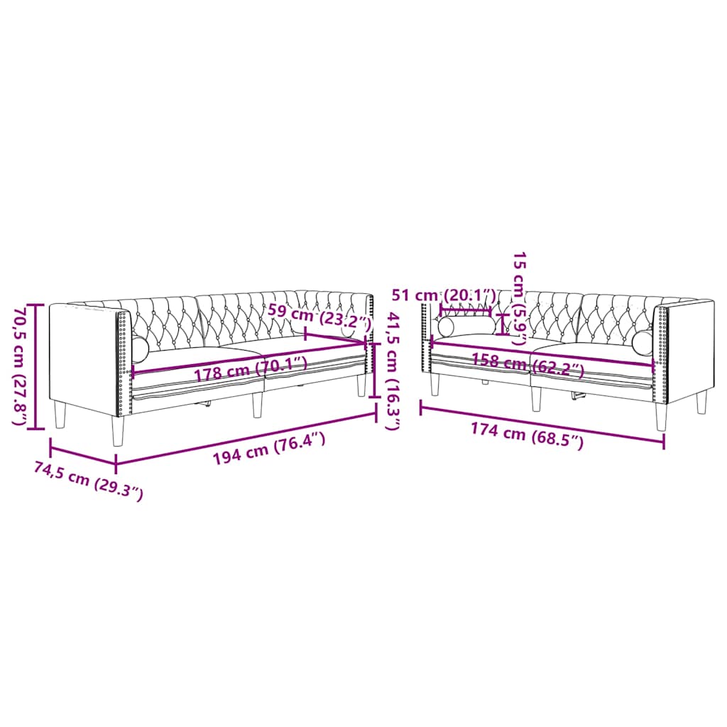 2-dijelni set sofa Chesterfield crni baršunasti
