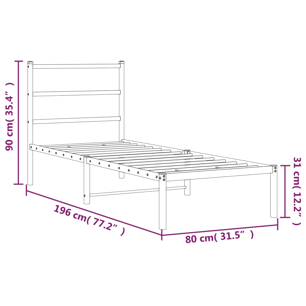 Metalni okvir za krevet s uzglavljem crni 75x190 cm