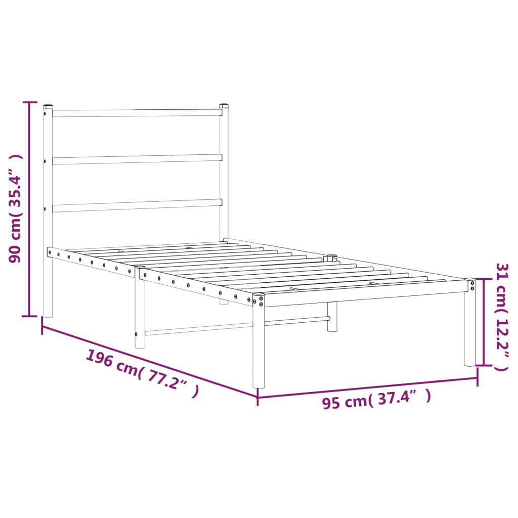 Metalni okvir za krevet s uzglavljem crni 90x190 cm