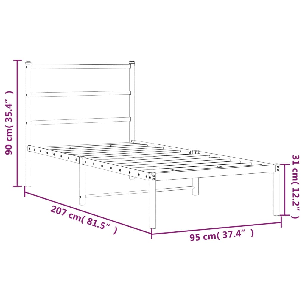 Metalni okvir za krevet s uzglavljem crni 90x200 cm